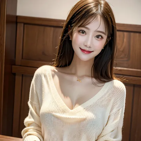 (masterpiece, highest quality:1.2), One girl, alone, View your viewers, smile, Very delicate and beautiful girl, Beautifully detailed face, V-neck sweater