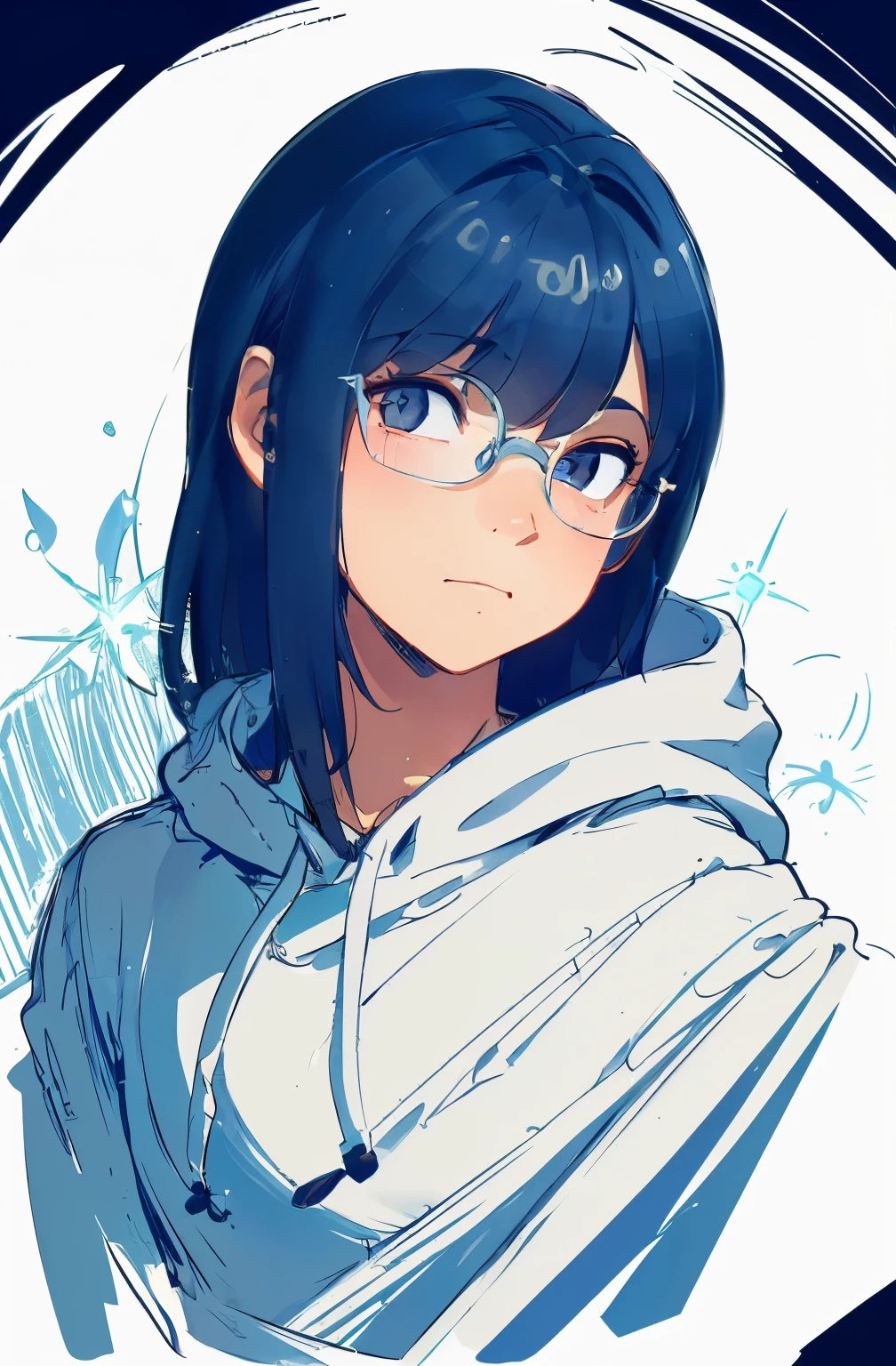 ultra detailed, masterpiece, best quality, solo, cowboy shot, facing viewer,sketch style,dark hair,light blue eyes, sparkling eyes, wearing a hoodie, listening to music,Round frame glasses