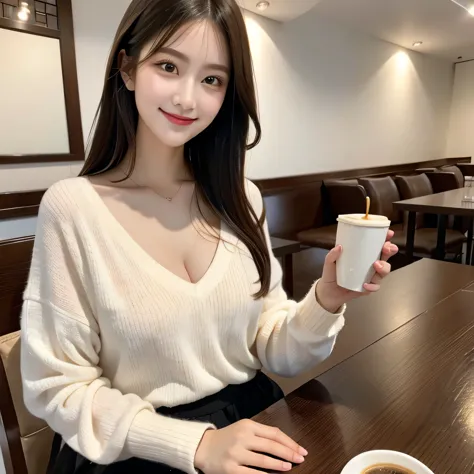 (masterpiece, highest quality:1.2), One Girl, alone, View your audience, smile, Very delicate and beautiful girl, Beautifully detailed face, Black V-neck sweater, Drinking coffee at a cafe, It seems like he enjoys chatting with the viewers., Medium Hair