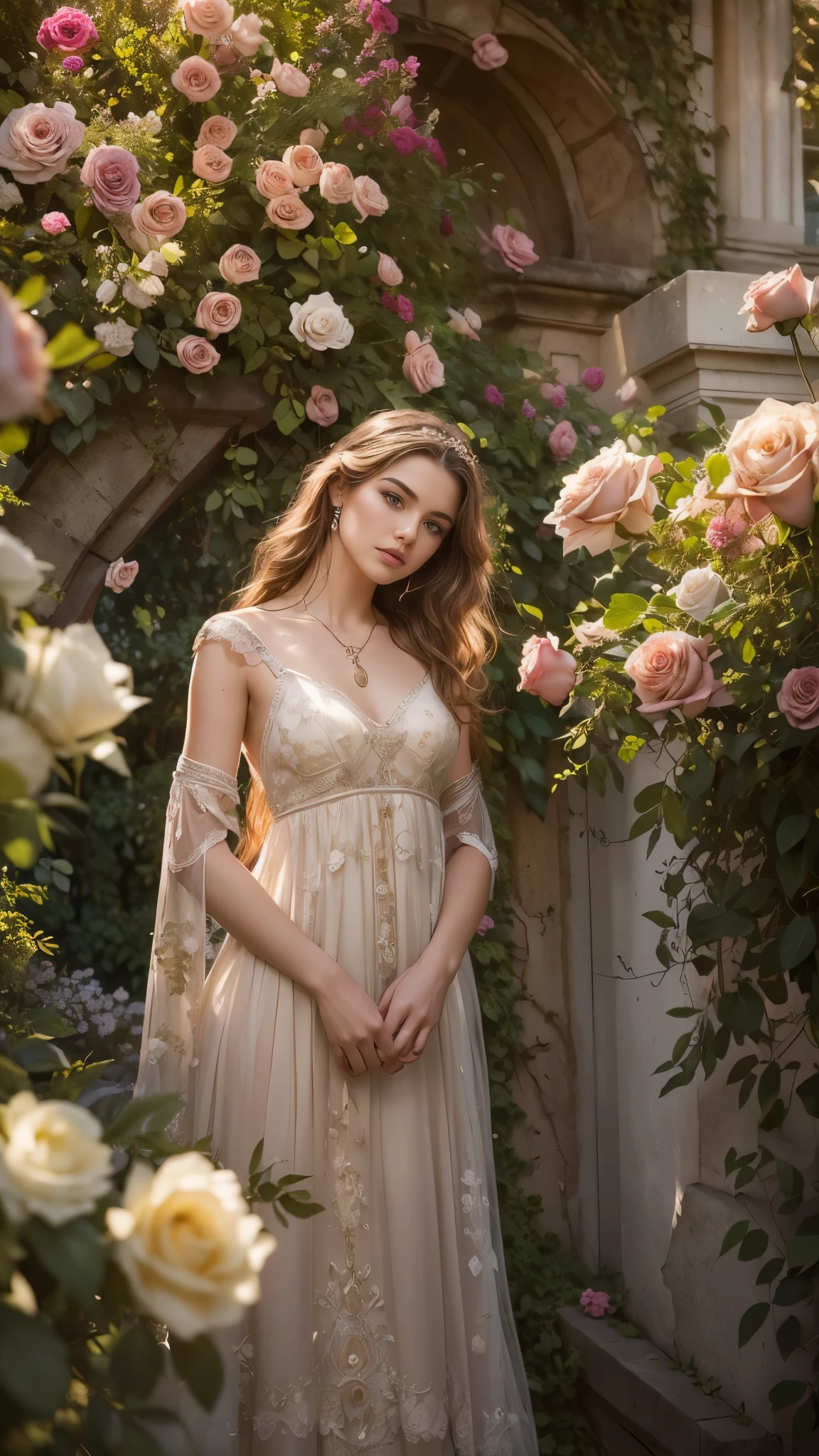 (photograph of a detailed beautiful 18-year old woman with ((facial and body characteristics that is similar to eleonora pavinato))), (), ((Enchanted Garden Romance: Theme: Lost in a fairytale garden of love. Clothing: Ethereal and flowy dresses, floral accents. Scene: Lush garden settings, blooming flower arches, or hidden gazebos. Props: Bouquets of flowers, romantic novels, or love letters. Location: Botanical gardens, rose gardens, or private estates. Weather/Lighting: Soft, natural lighting with a hint of golden hour glow.)), (), (), finely detailed, ultra-realistic features of her pale skin and (slender and athletic body), and (symmetrical, realistic and beautiful face), candid, (), (), (()), (), film stock photograph, rich colors, hyper realistic, lifelike texture, dramatic lighting, strong contrast
