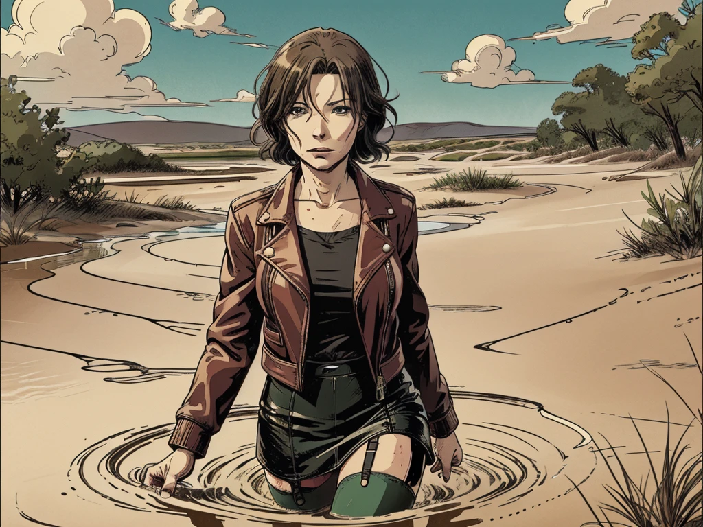 vector image, anime, very old mature woman, wrinkles:1.3, gloomy orgasm, strong makeup, leather jacket, pencil skirt, stockings with garters, drowning in quicksand bog, sky, green,red