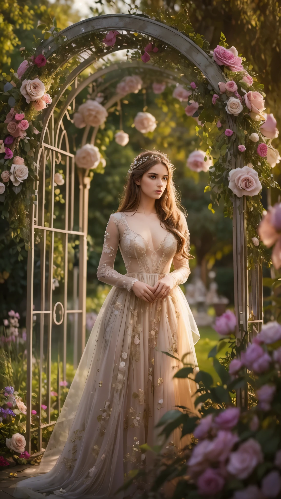 PLEASE fix image, remove, (photograph of a detailed beautiful 18-year old woman with ((facial and body characteristics that is similar to eleonora pavinato))), ((Enchanted Garden Romance: Theme: Lost in a fairytale garden of love. Clothing: Ethereal and flowy dresses, floral accents. Scene: Lush garden settings, blooming flower arches, or hidden gazebos. Props: Bouquets of flowers, romantic novels, or love letters. Location: Botanical gardens, rose gardens, or private estates. Weather/Lighting: Soft, natural lighting with a hint of golden hour glow.)), (), (), finely detailed, ultra-realistic features of her pale skin and (slender and athletic body), and (symmetrical, realistic and beautiful face), candid, film stock photograph, rich colors, hyper realistic, lifelike texture, dramatic lighting, strong contrast
