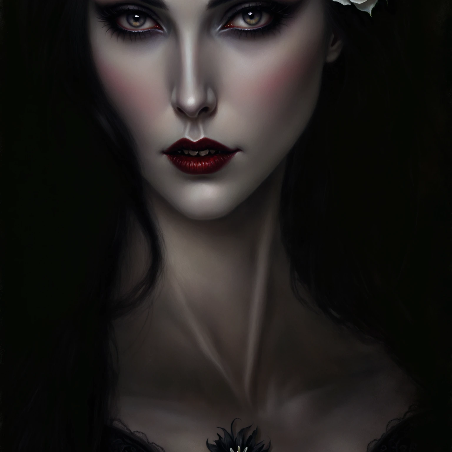 a close up of a woman with a white flower in her hair, vampire portrait, portrait of beautiful vampire, cute face. dark fantasy, portrait of a lady vampire, portrait of a vampire, dark fantasy portrait, beautiful female vampire, beautiful vampire queen, beautiful vampire female queen, female vampire, sultry digital painting, vampire girl, pale skin and dark eyes