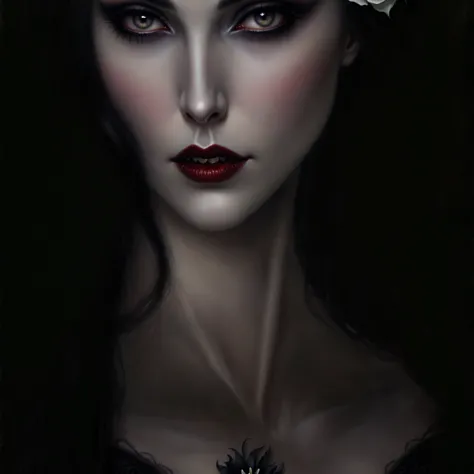 a close up of a woman with a white flower in her hair, vampire portrait, portrait of beautiful vampire, cute face. dark fantasy,...