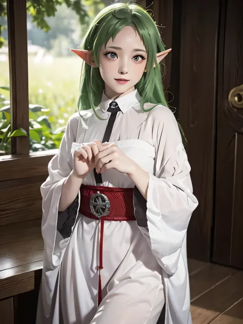 1girl, Sylphiette from mushoku tensei, green eyes, pretty , smile, elf, green hair , castingmagic water,  white grey clothes, re...
