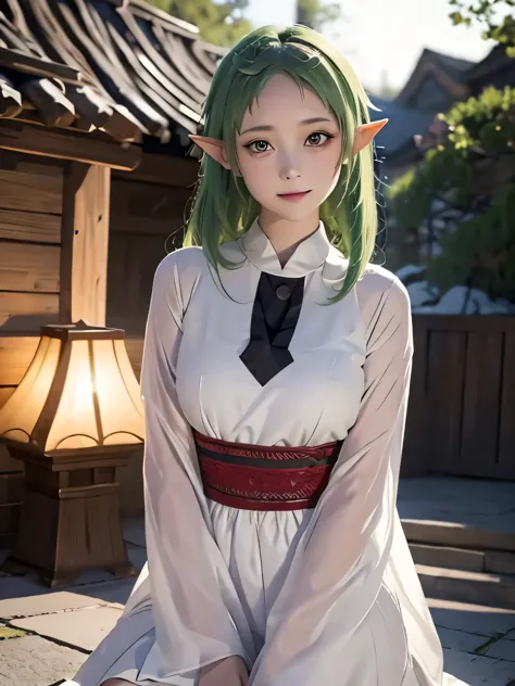 1girl, Sylphiette from mushoku tensei, green eyes, pretty , smile, elf,  green hair , white grey clothes, realistic clothes, det...
