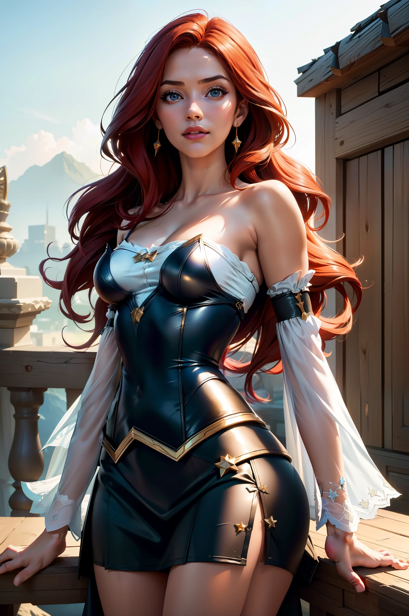 (best quality,4k,8k,highres,masterpiece:1.2),ultra-detailed,(realistic,photorealistic,photo-realistic:1.37),miss fortune (league of legends), 1girl, wearing Star Guardian clothing, extra long hair, strap slip, bare shoulders, detached sleeves, wide sleeves, skirt, portraits, vibrant colors, dramatic lighting