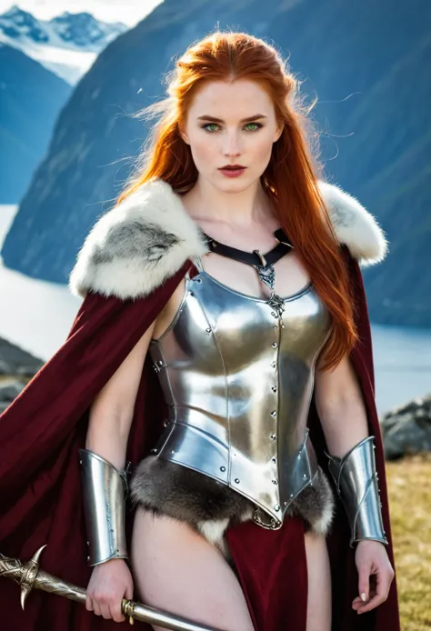 a warrior ((seductive under 18))  queen, a vision of strength and confidence. fiery red hair cascades down her shoulders. pale s...