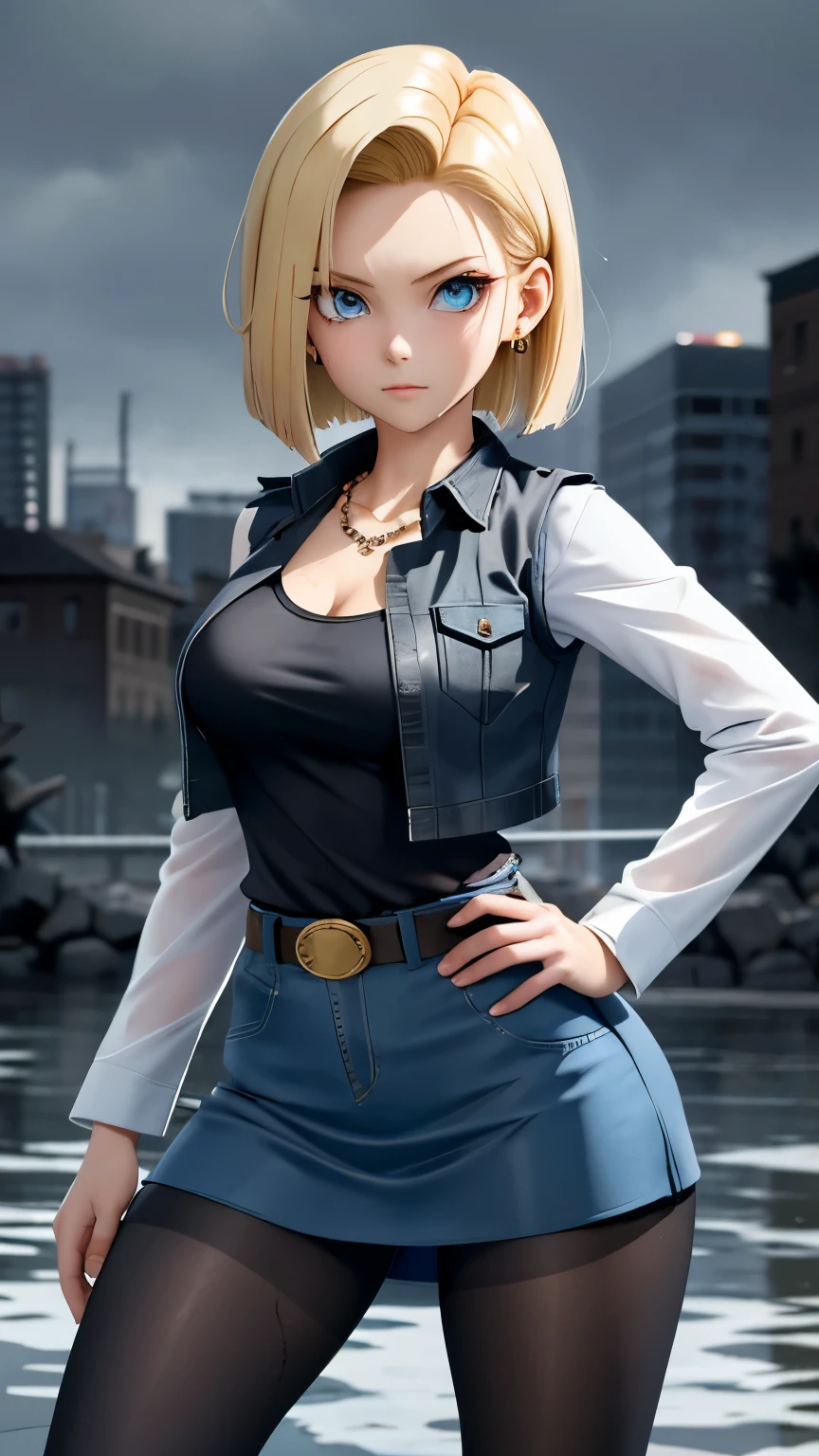 best quality, high-res, and18, 1girl, android 18, solo, blonde hair, blue eyes, belt, tight demin skirt, gold necklace, black shirt, short hair, long sleeves, earrings, open vest, denim vest, large breasts, cowboy shot, city park, straight-on, (weather: raining), guard stance, full length pantyhose, battle ruins, wide hips, thick legs, wet shirt, torn skirt,