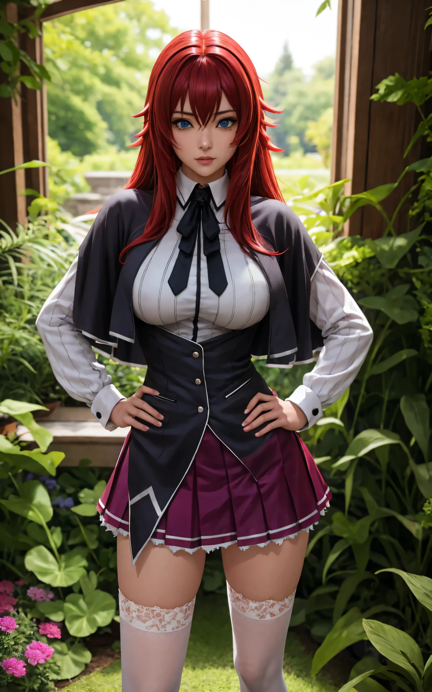 ((masterpiece, best quality)), insaneres, absurdres, solo, looking at viewer, 
ANIME_DxD_Rias_Gremory_ownwaifu, 
1girl, bangs, long hair, red hair, breasts, large breasts, rias gremory, blue eyes, hair between eyes, very long hair, collarbone, hair intakes,  hair over breasts, 
black capelet, black corset, collared shirt, kuoh academy , layered skirt, underbust, , skirt, shirt, long sleeves, purple skirt, ribbon, miniskirt, neck ribbon, thighhighs, black ribbon, 
(contrapposto, hand on hip)depth of field, vanishing point, garden, sidelighting,