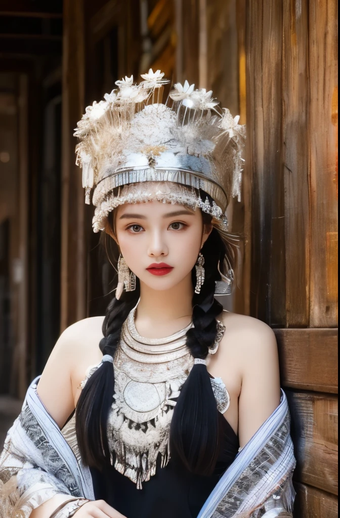 （8k，best quality，masterpiece：1.2），Ultra-high detail，Professional lighting，best quality，Ultra-high resolution，visually stunning，（1 girl：1.1），（Miao clothing and headdresses），Real human skin，（Perfect body 1.3）Super delicate face。