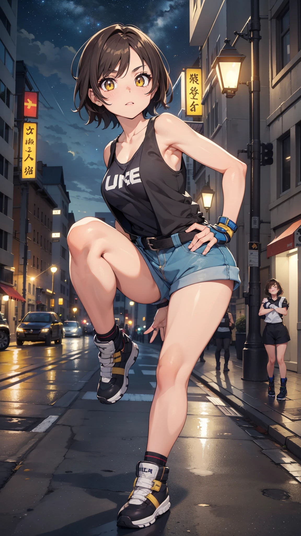 street dancer,  short hair, brown hair, yellow glowing eyes, perfect lips,  cute expression, cute face, cute pose, fingerless gloves, gun, tank top, jacket, cute pose, ultra detailed face, long eyelashes, sharp eyes , Fullbody shot, dinamic viewer, night sky, variuos adornment 