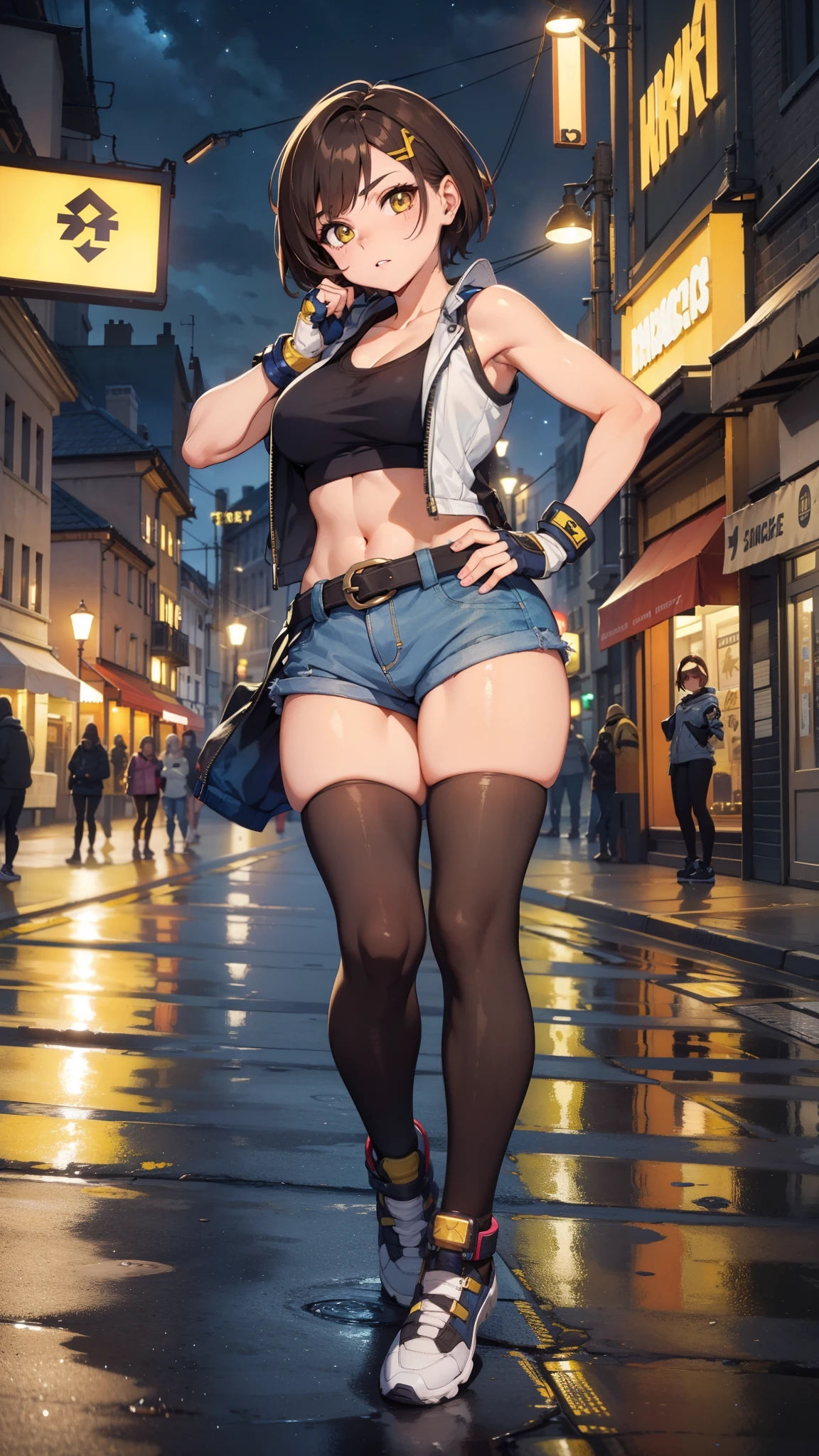 street dancer,  short hair, brown hair, yellow glowing eyes, perfect lips,  cute expression, cute face, cute pose, fingerless gloves, gun, tank top, jacket, cute pose, ultra detailed face, long eyelashes, sharp eyes , Fullbody shot, dinamic viewer, night sky, variuos adornment 