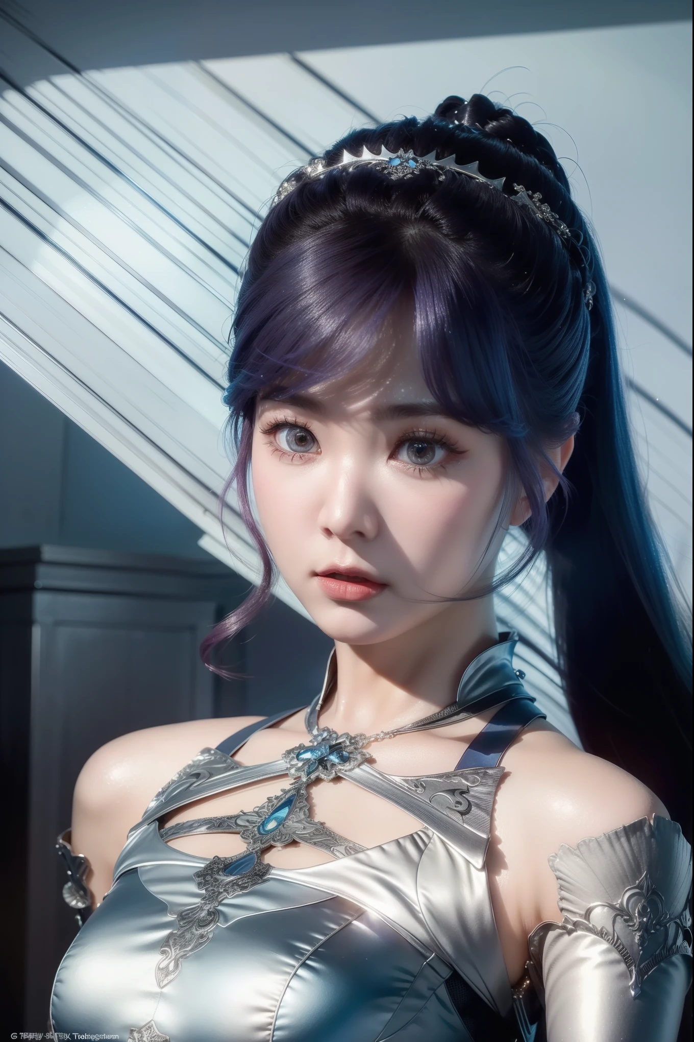 Close-up of a woman in a silver blue dress, Cheng Weipan Art Station, Xiuxian Technology Sense, Detailed Fantasy Art, Stunning Character Art, Epic Exquisite Character Art, Beautiful Armor, Extremely Detailed Art Budding, Detailed Digital Animation Art, Art Station Pixiv on Artgerm, Armor Girl, Exquisite Intricate Headdress and Jewelry