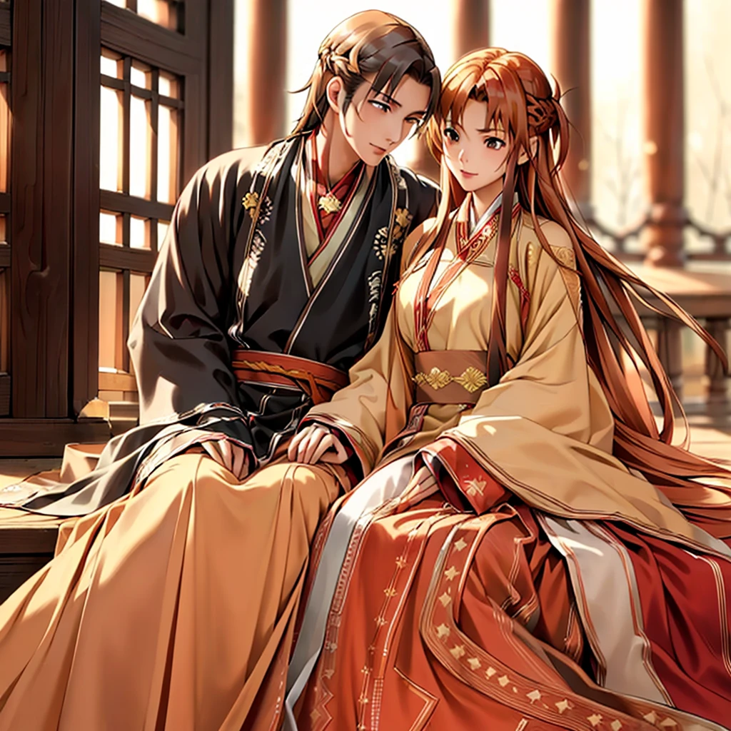 ((highest quality)), ((masterpiece)), (detailed), Perfect Face、Yuuki Asuna、Brown Hair、Hanfu、cuddling with a man、Man and wedding