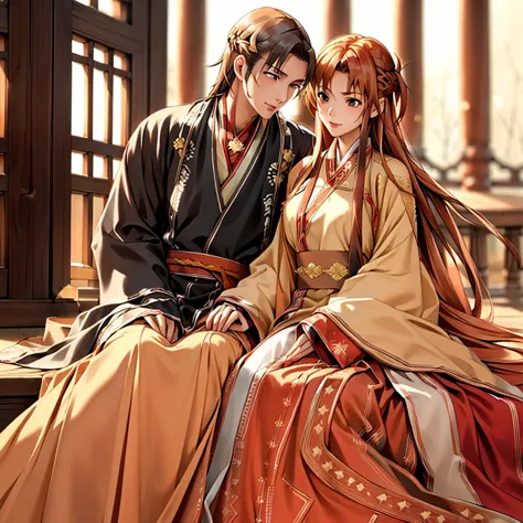 ((highest quality)), ((masterpiece)), (detailed), perfect face、yuuki asuna、brown hair、hanfu、cuddling with a man、man and wedding