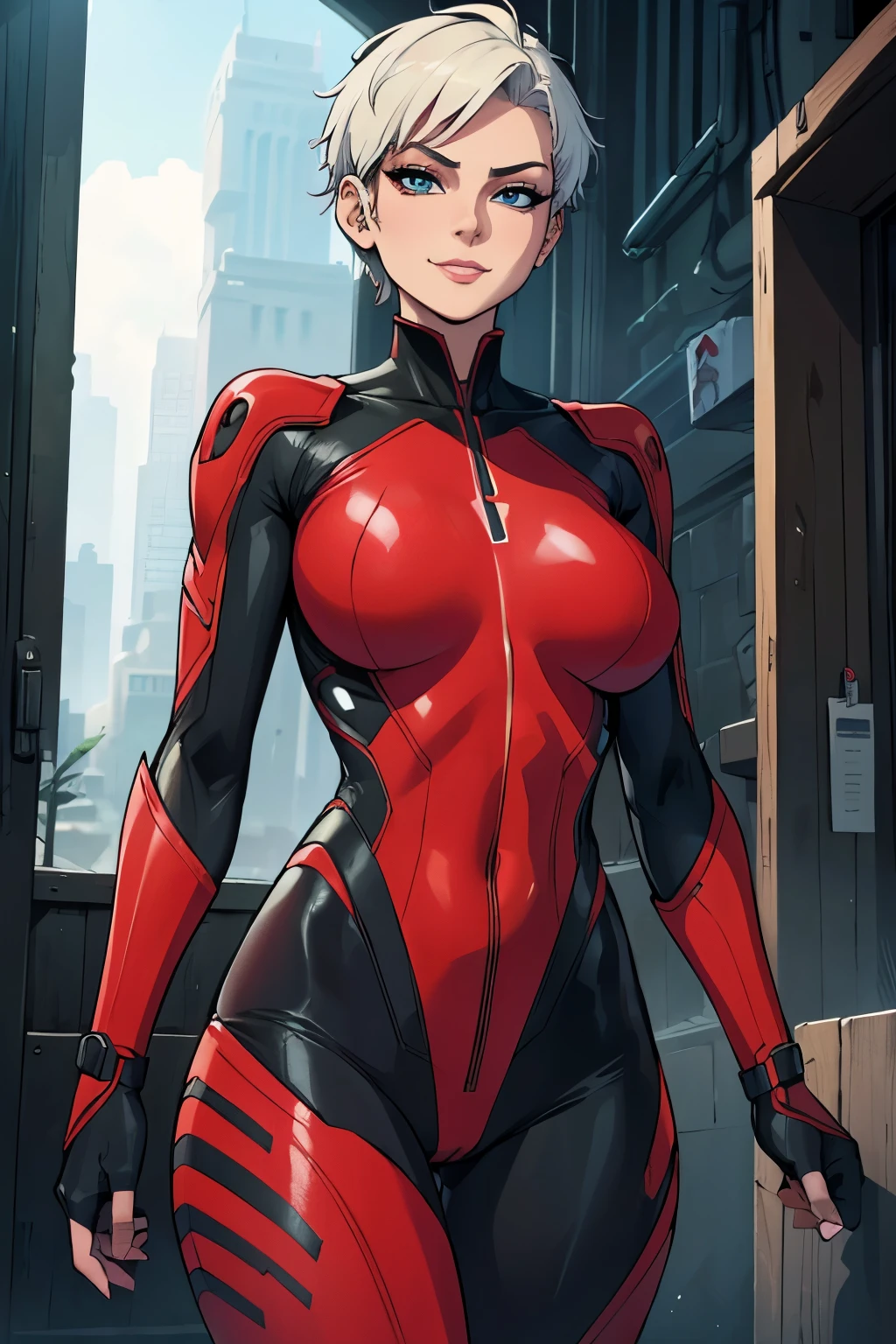 (art, Best quality, absurd, 4K, aesthetics, perfect eyes, perfect face, detailed, complex, Perfect lighting) 1 girl with fair skin, short shaved hair, wears a red and black futuristic bodysuit, queen of an alien race, warrior , gentle smile