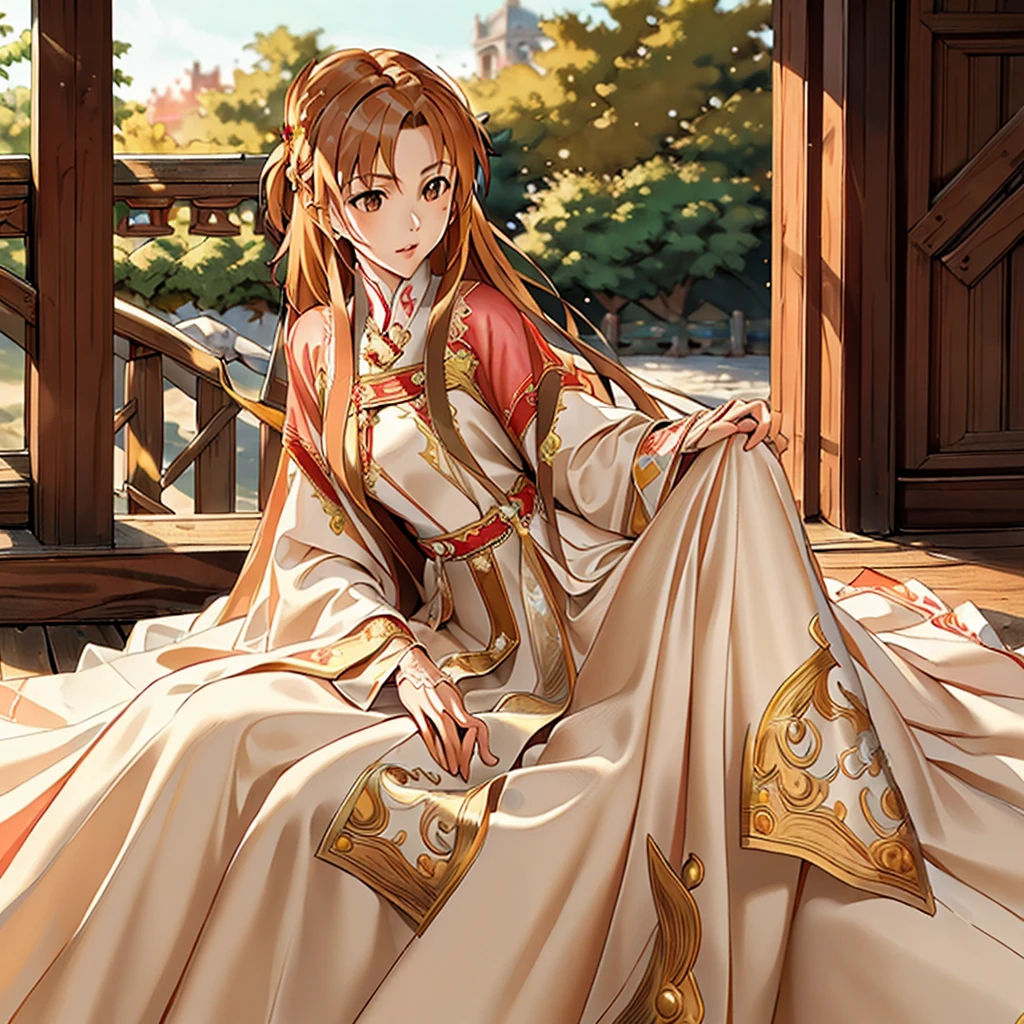 ((highest quality)), ((masterpiece)), (detailed), Perfect Face、Yuuki Asuna、Brown Hair、Hanfu、Get close to the Crown Prince、Prince and wedding、The woman is in a wedding dress、Luxury accessories