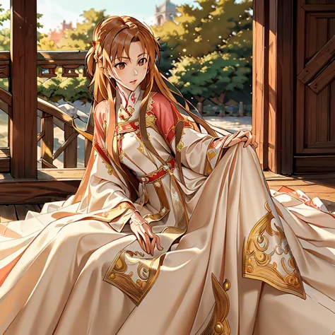 ((highest quality)), ((masterpiece)), (detailed), perfect face、yuuki asuna、brown hair、hanfu、get close to the crown prince、prince...