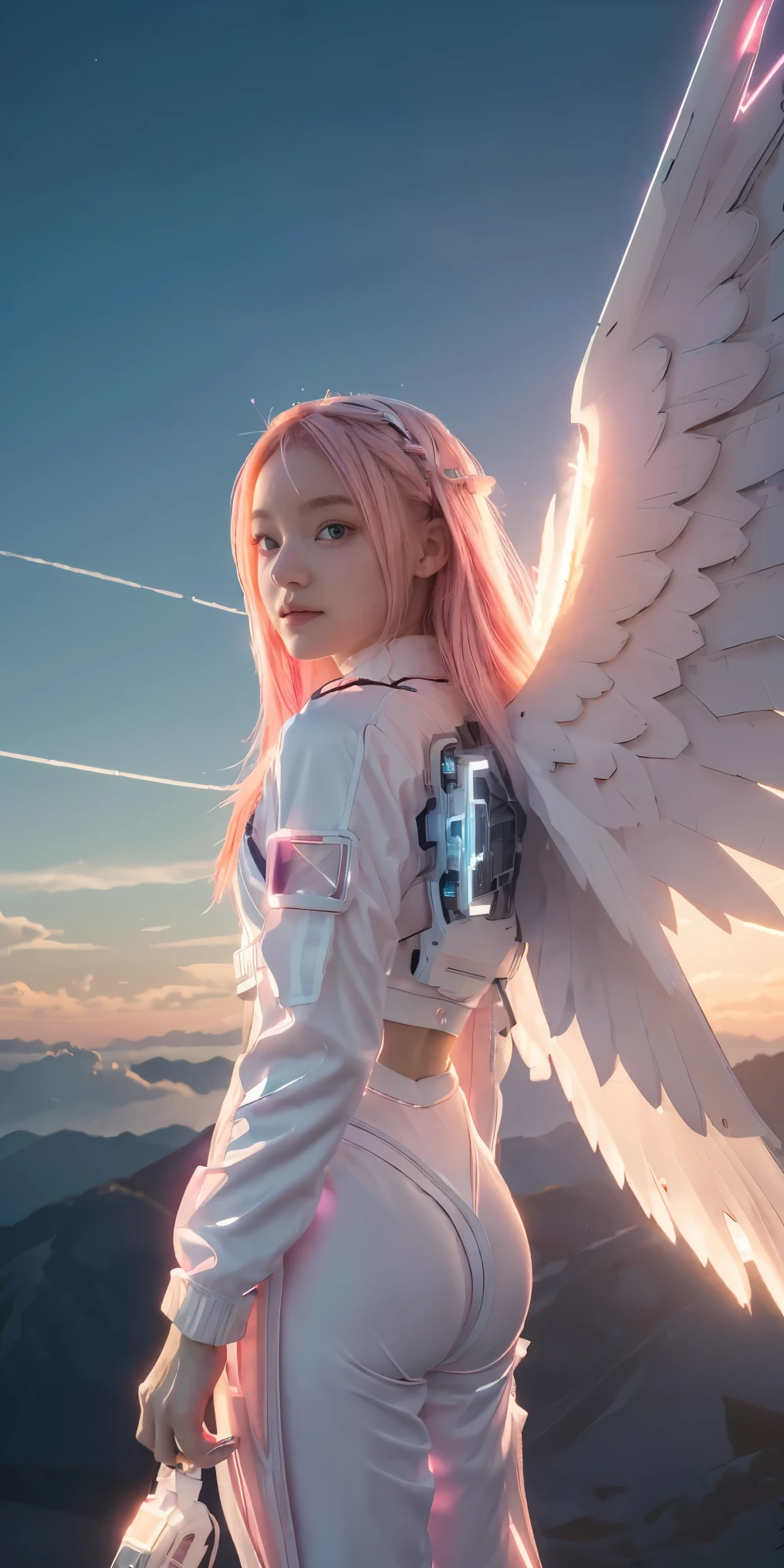 ((masterpiece, best quality, extremely detailed), volumetric lighting, ambient occlusion, colorful, glowing), 
1girl, solo, young girl, (pink hair), long hair, halo, aura, sacred, godness, cyber suit, (white outfit:1.3), android, bot, angel wings,
outdoors, sunset, sky, clouds, space, (cyberpunk theme:1.2),