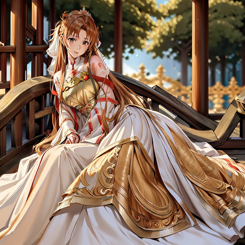 ((highest quality)), ((masterpiece)), (detailed), Perfect Face、Yuuki Asuna、Brown Hair、Hanfu、Get close to the Crown Prince、Prince and wedding、The woman is in a wedding dress、、Gorgeous hair ornament、Luxury accessories、She snuggles up to the prince and presses her face against his chest.