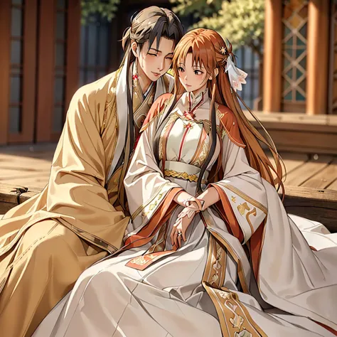 ((highest quality)), ((masterpiece)), (detailed), Perfect Face、Yuuki Asuna、Brown Hair、Hanfu、cuddling with a man、Man and wedding、...