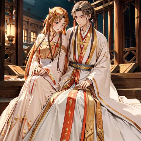 ((highest quality)), ((masterpiece)), (detailed), perfect face、yuuki asuna、brown hair、hanfu、cuddling with a man、man and wedding、...