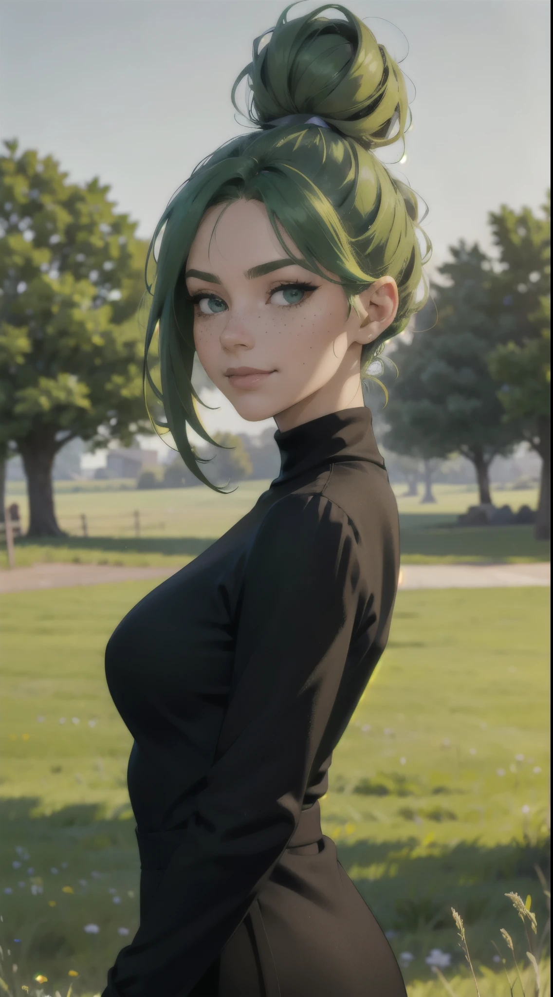 beautiful woman, green hair in a messy bun, detailed face, light freckles, smirk, black sweater, early morning, grassy field, depth of field, blurry background
