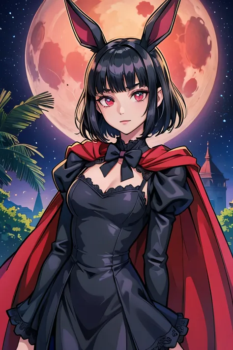 anime girl, short black hair, Bangs are heavy, bunny ears, vampire, red eyes, ((best quality)), ((highly detailed)), masterpiece...