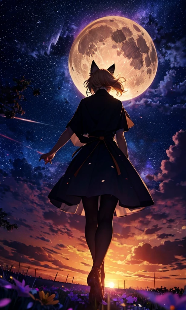 １people々々々々々々々々々々々々々々々々々,Woman with medium length blonde hair，Fox Ears，Long coat，Takageta， Dress Silhouette， Rear View，Space Sky, Flower Field，Colorful flowers，Dancing Petals，full moon，shrine，