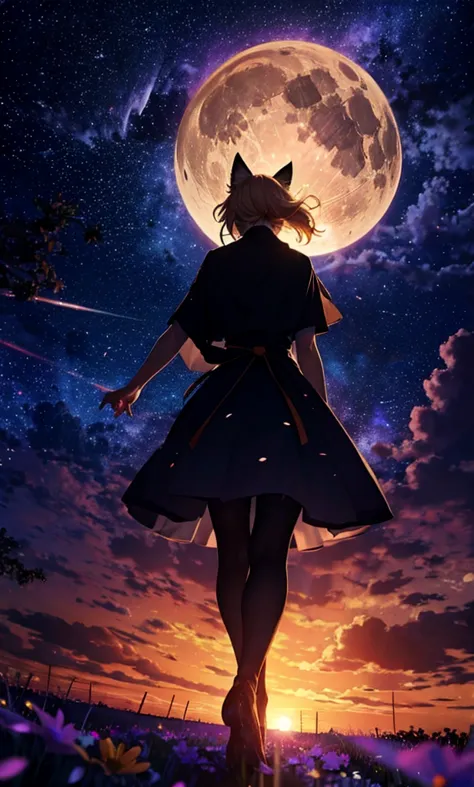 １people々々々々々々々々々々々々々々々々々,woman with medium length blonde hair，fox ears，long coat，takageta， dress silhouette， rear view，space sky...