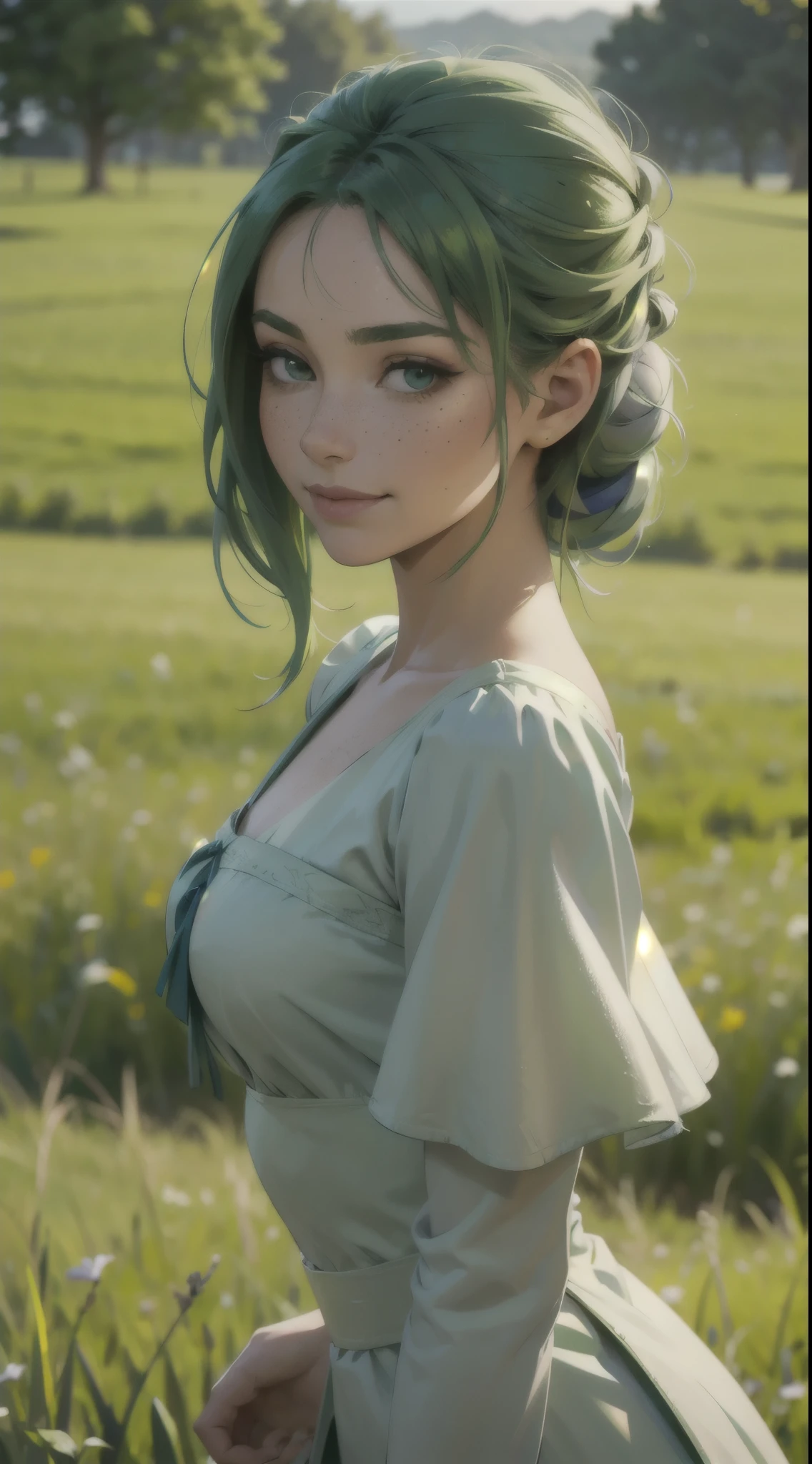 medieval beautiful woman, green hair in a messy bun, detailed face, light freckles, smirk, early morning, grassy field, depth of field, blurry background
