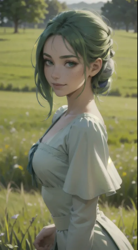 medieval beautiful woman, green hair in a messy bun, detailed face, light freckles, smirk, early morning, grassy field, depth of...