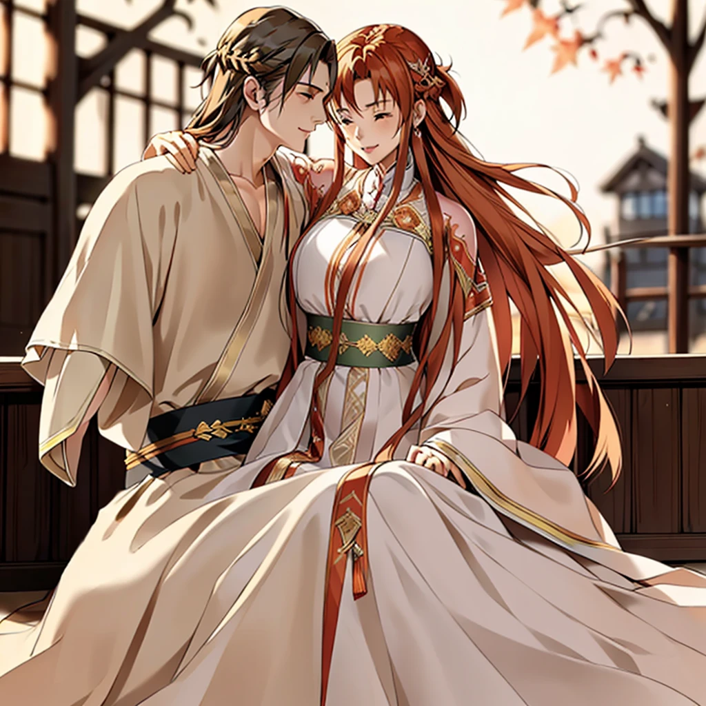 ((highest quality)), ((masterpiece)), (detailed), Perfect Face、Yuuki Asuna、Brown Hair、Hanfu、cuddling with a man、Man and wedding、The woman is in a wedding dress、Woman has a happy face、Gorgeous hair ornament、Luxury accessories、The woman is the empress、The man is the prince、She hugs the man and presses her face against his chest.、Man hugs woman