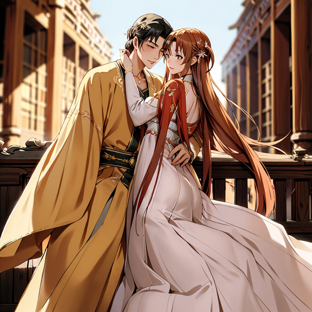 ((highest quality)), ((masterpiece)), (detailed), Perfect Face、Yuuki Asuna、Brown Hair、Hanfu、cuddling with a man、Man and wedding、The woman is in a wedding dress、Woman has a happy face、Gorgeous hair ornament、Luxury accessories、The woman is the empress、The man is the prince、She hugs the man and presses her face against his chest.、Man hugs woman、Man and woman kissing