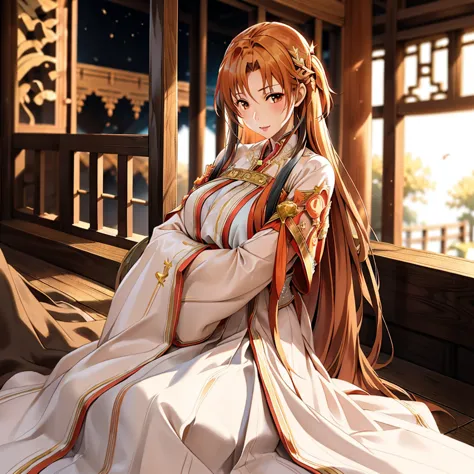 ((highest quality)), ((masterpiece)), (detailed), perfect face、yuuki asuna、brown hair、hanfu、cuddling with a man、man and wedding、...