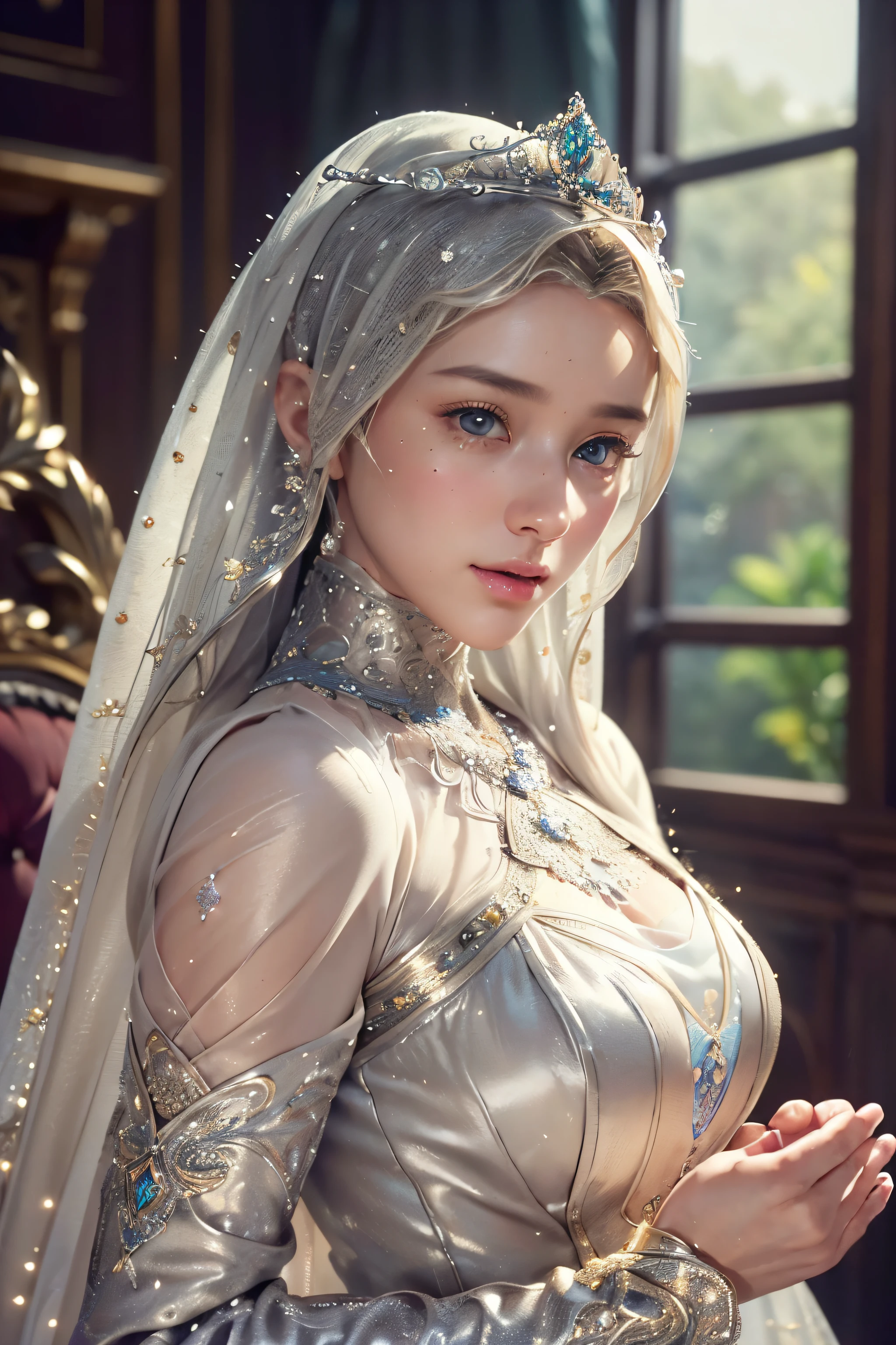 Full body, depicting potrait of a beautiful visually stunning blonde woman, intricate detailed silver glittering, intricate, elegant, highly detailed, concept art, smooth, sharp focus,hair platinum,((Best quality)), ((masterpiece)), (detailed:1.4),(aesthetic:1.2), (1girl), extreme detailed,colorful,highest detailed,epic (, pores: 1.5, colors, hyperdetailed: 1.5, film grain: 1.4, hyper-realistic: 1.5), hyper-realistic texture, masterpiece, unreal engine 5, extremely detailed CG unit 8k wallpaper, Crazy Detailed Photo, Hyper-Realistic Light,lot of detail,dress with extream detailed,big breasts, erect nipples,life size, (small waist) ,(hijab princess),(princess Warrior with hijab),(glamour dress)) ,princess crown, blushing