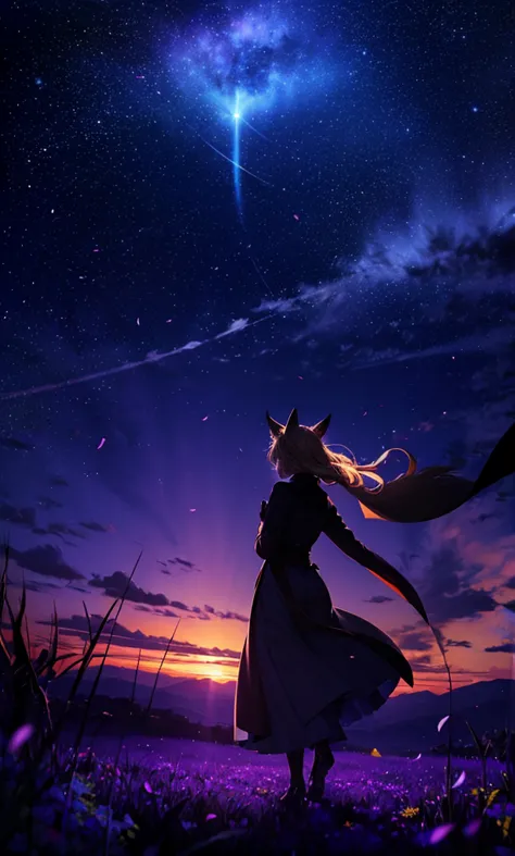 １people々々々々々,Woman with medium length blonde hair，Fox Ears，Long coat，Takageta， Dress Silhouette， Rear View，Space Sky, Flower Fie...