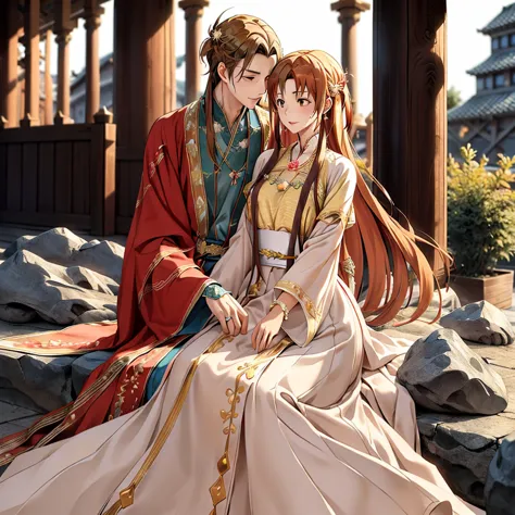 ((highest quality)), ((masterpiece)), (detailed), Perfect Face、Yuuki Asuna、Brown Hair、Hanfu、Gorgeous embroidery、cuddling with a ...