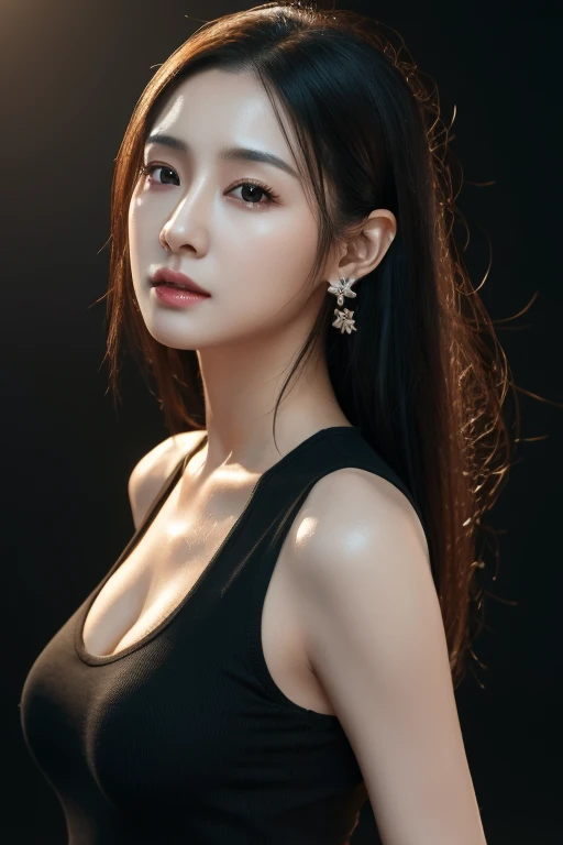 highres,4k,HDR,1girl, photorealistic, realistic,sweat skin, thin face,yangmi,heavy makeup, standing,(((half body))), medium breasts,earing ,   