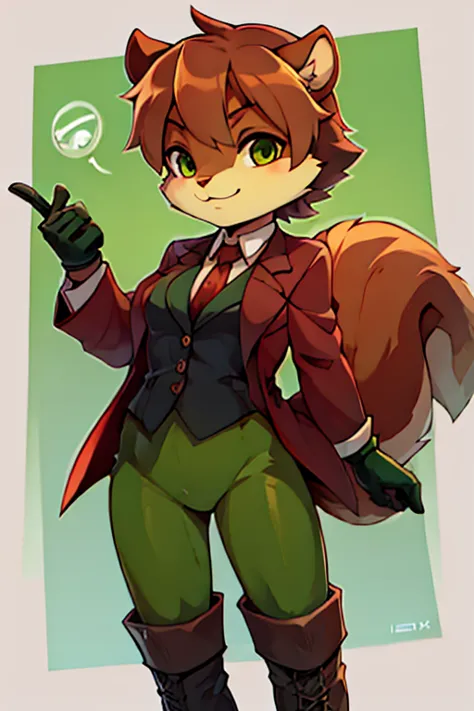 boy, squirrel, furry, bodyfur, blazer, bottomless, green tights, gloves, boots, cheer