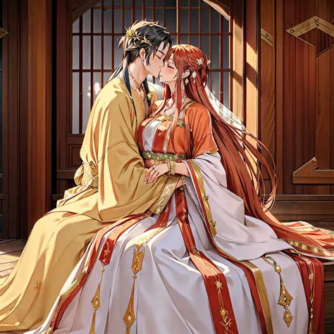 ((highest quality)), ((masterpiece)), (detailed), perfect face、yuuki asuna、brown hair、hanfu、gorgeous embroidery、cuddling with a ...