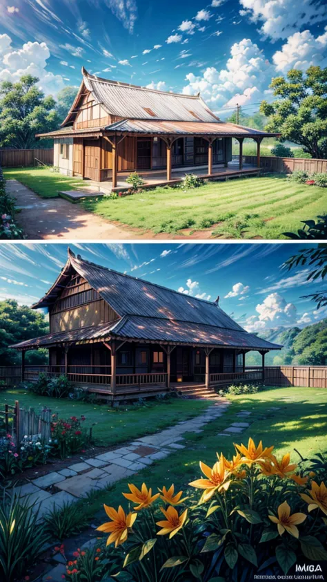 A highly detailed, realistic image of a house in rural Indonesia. With old wooden walls, a clay tile roof, and a bamboo fence. T...