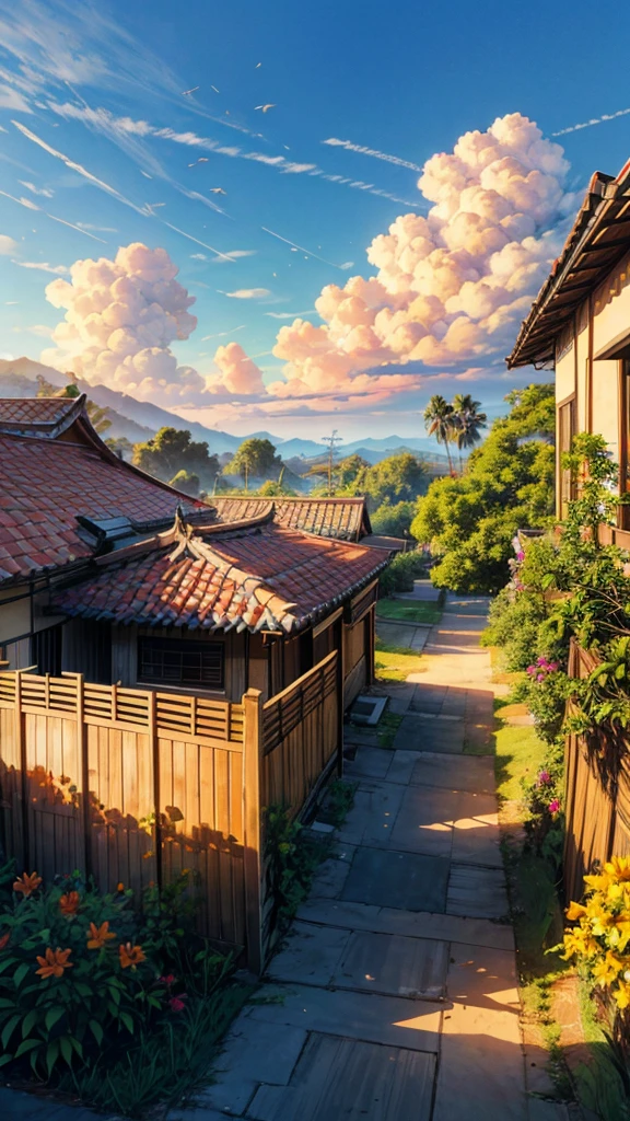 A highly detailed, realistic image of a house in rural area of Java. With brown wooden walls, a clay tile roof, and a bamboo fence. There is a Mango tree in front of the house. Some flowers in the yard. It is early morning, when the sun is just rising. Sunny, white cloudy sky, light breeze. Panoramic view. Depth of field 270mm. 