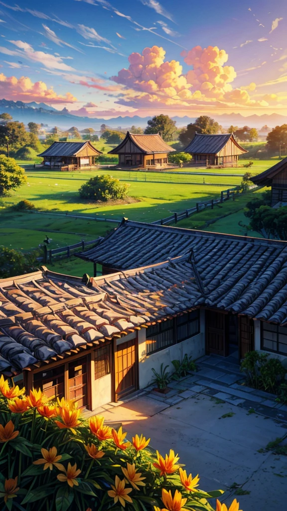 A highly detailed, realistic image of a house in rural area of Java. With brown wooden walls, a clay tile roof, and a bamboo fence. There is a Mango tree in front of the house. Some flowers in the yard. It is early morning, when the sun is just rising. Sunny, white cloudy sky, light breeze. Panoramic view. Depth of field 270mm. 