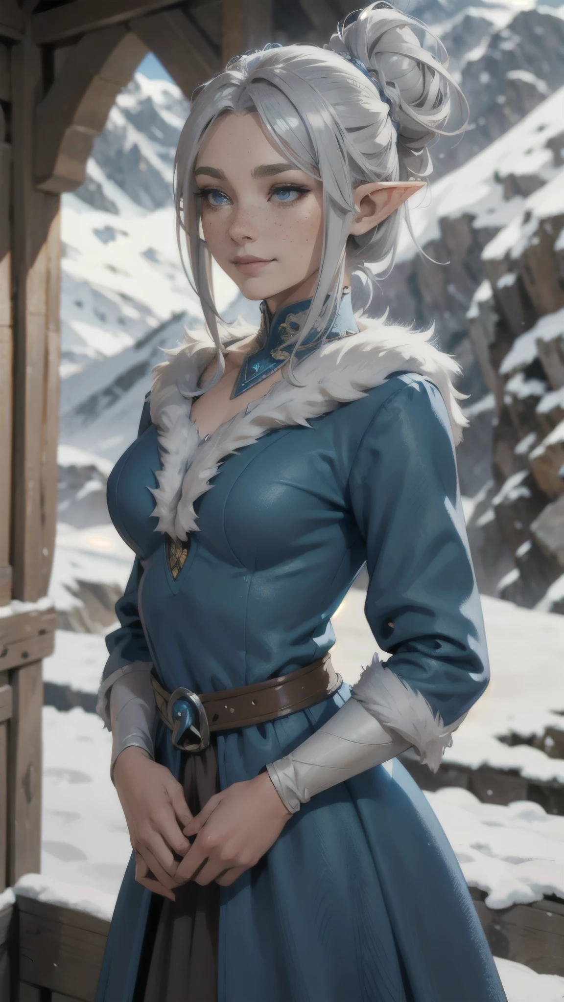 medieval beautiful elf, silver hair in a messy bun, detailed face, light freckles, smirk, blue brown fur dress, early morning, snowy mountains, depth of field, blurry background
