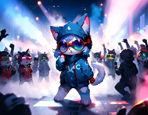furry anime, chibi style, super dynamic vision, distant attempt, fog, lights effect, Ultra-HD quality, cute anthropomorphic kitt...