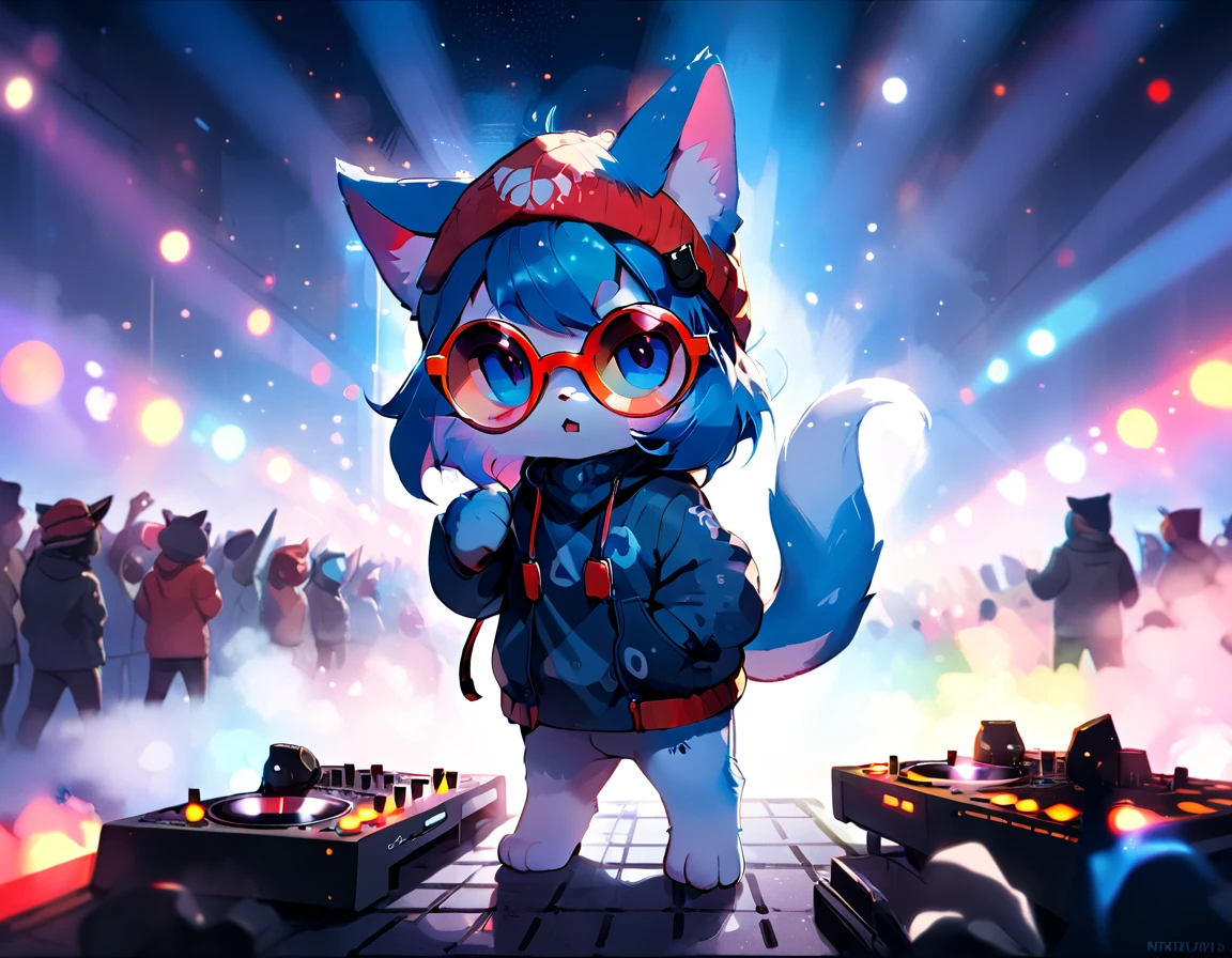 pelziger Anime, Chibi-Stil, Super dynamische Sicht, Fernversuch, Nebel, Lichteffekt, Ultra-HD-Qualität, süßes anthropomorphes Kätzchen, Sonnenbrille, blauer Beanie-Mantel mit rot fluoreszierendem Besatz, wie ein DJ bei einer RAVE-Party, der die pelzige Menge rockt , futuristisches Mischpult, bunte Lichter, Nacht auf freiem Feld, viel Aufregung, Sicht von der Bühne,