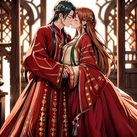 ((highest quality)), ((masterpiece)), (detailed), perfect face、yuuki asuna、brown hair、hanfu、gorgeous embroidery、cuddling with a ...