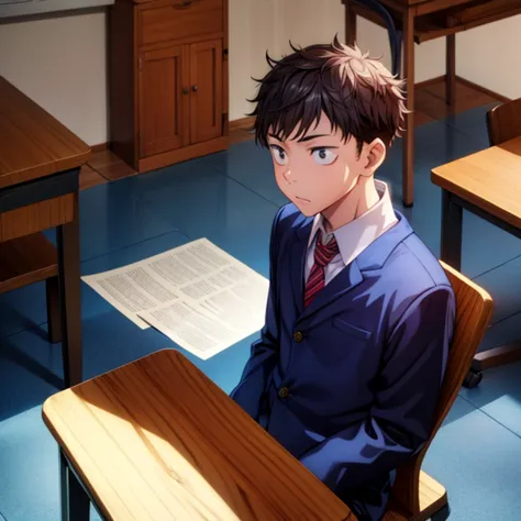 context, one boy, Wearing school uniforms for boys, Kaguran, Sit alone, In class